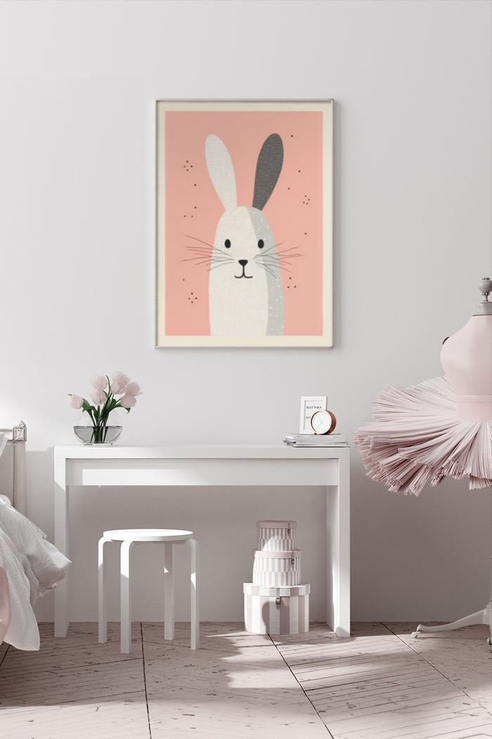 Modern cute bunny illustration poster in a stylish interior room design