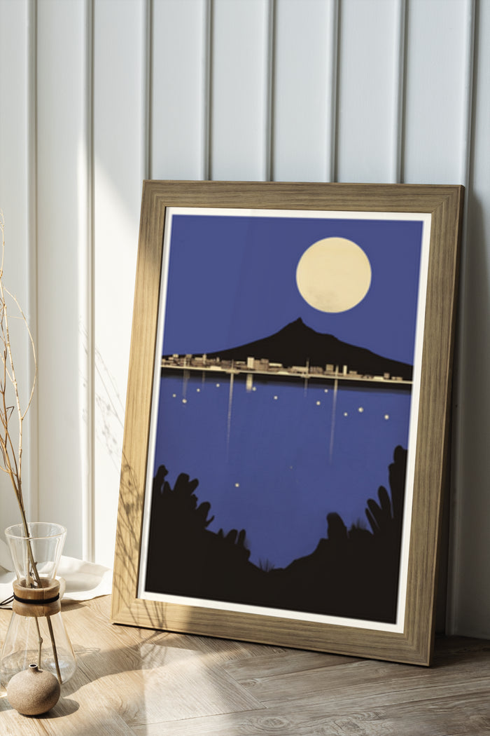 Contemporary art poster featuring stylized mountain under a full moon at night