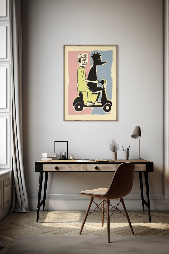 Modern illustrative artwork of a man riding a scooter with a llama in a stylish interior setting