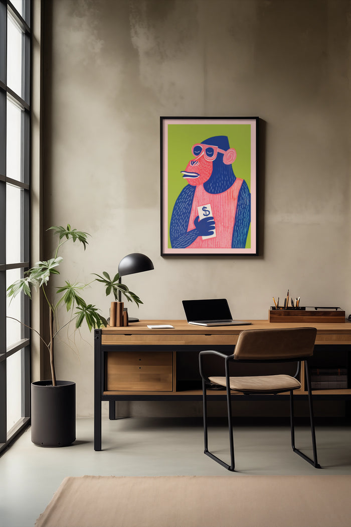 Colorful modern illustrative poster of a monkey with glasses and coffee in a stylish office environment