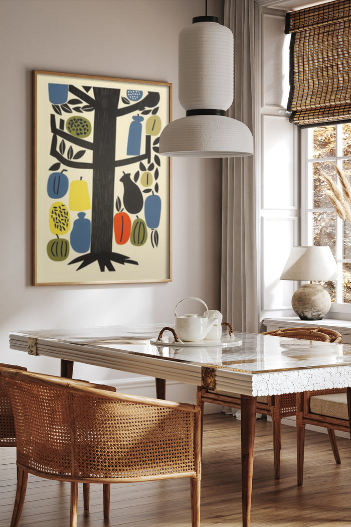 Contemporary art poster featuring stylized tree with colorful shapes in a stylish dining room setting