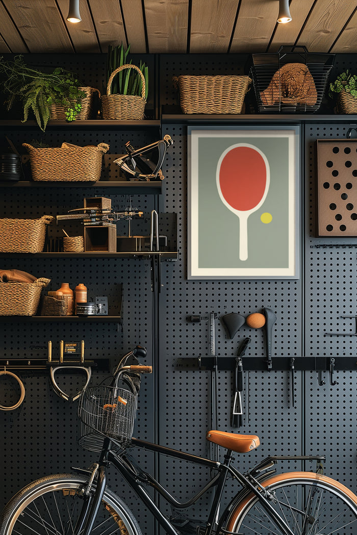 Contemporary home decor with wall-mounted bicycle storage and stylish table tennis paddle and ball poster