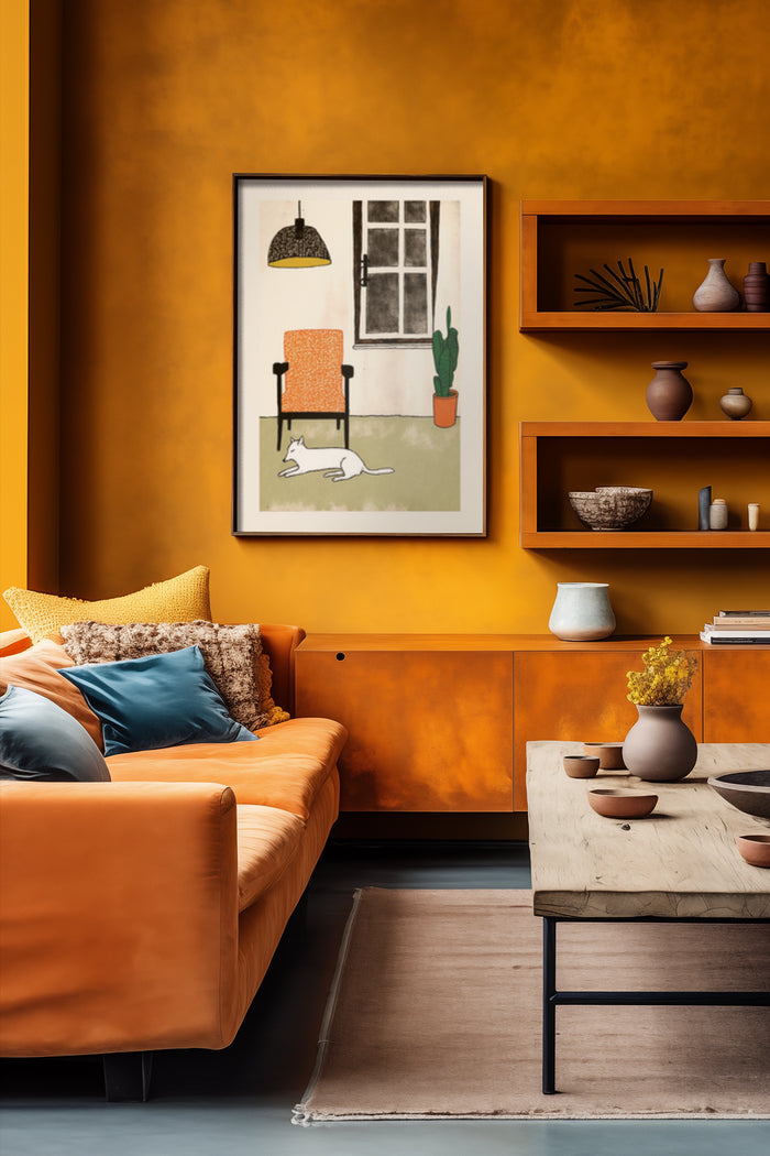 Contemporary living room with vibrant orange velvet sofa and modern art poster featuring an orange chair and white cat