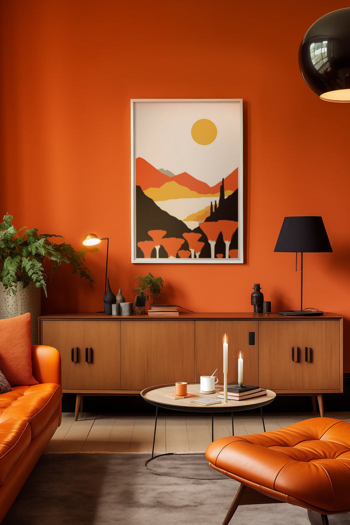 Contemporary living room with vibrant orange walls featuring an abstract landscape poster on the wall