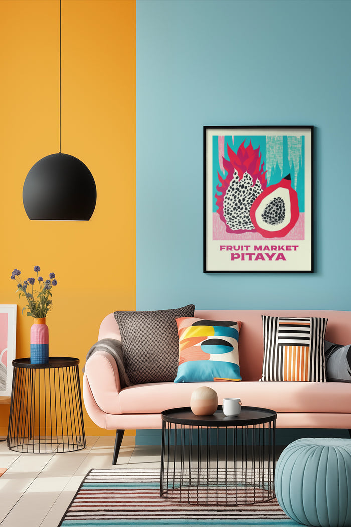 Stylish living room interior with pink sofa and pitaya fruit market wall art decor