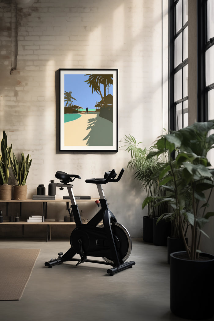 Stylish modern interior with exercise bike and decorative plants featuring a framed beach poster