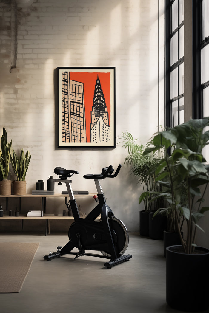 Stylish home gym interior with urban skyline poster and stationary exercise bike