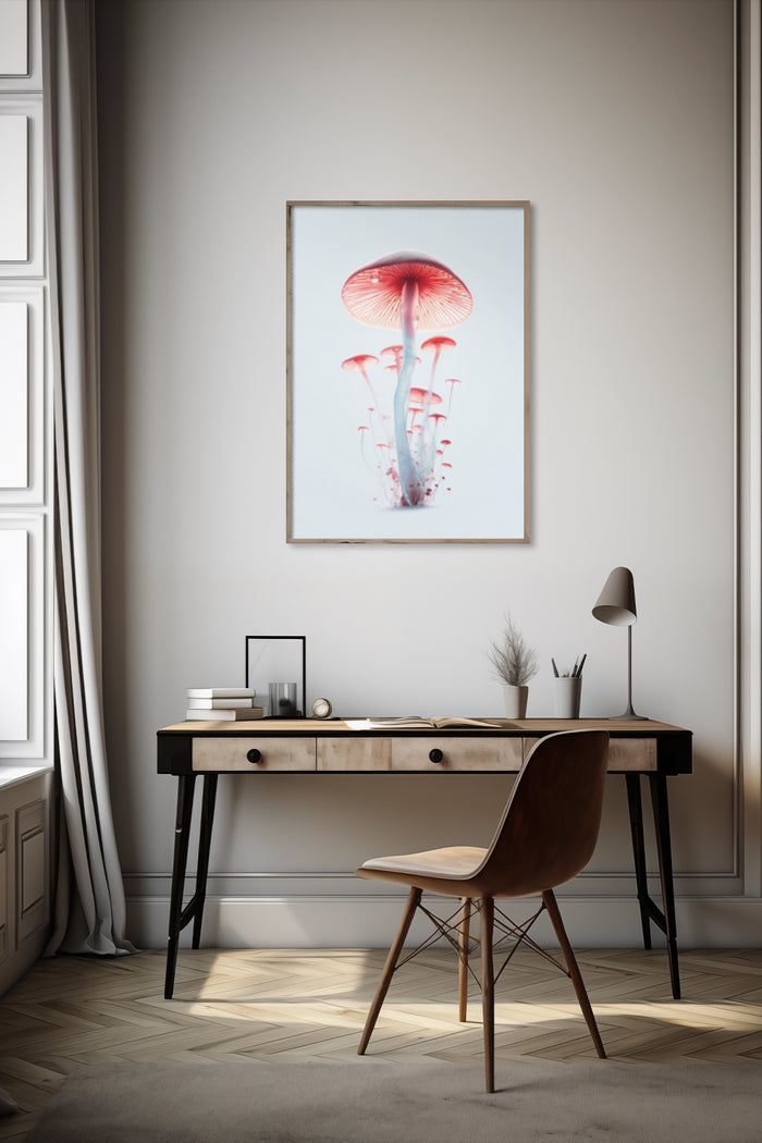 Elegant interior design showcasing a framed mushroom art poster above a stylish writing desk