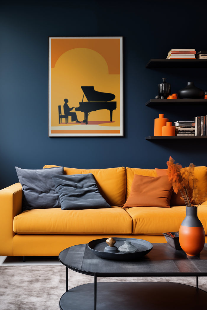 Contemporary living room with large wall art poster featuring piano and musician silhouette