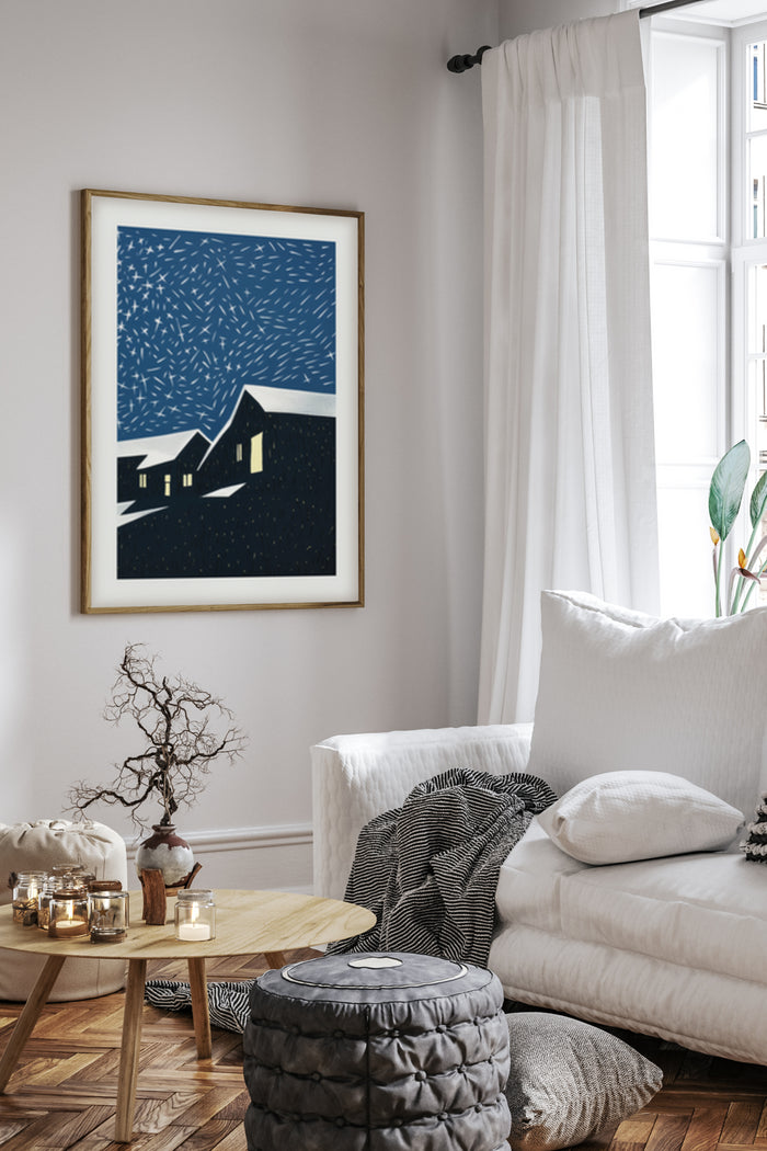 Cozy living room decor featuring a framed poster of a night sky over a house