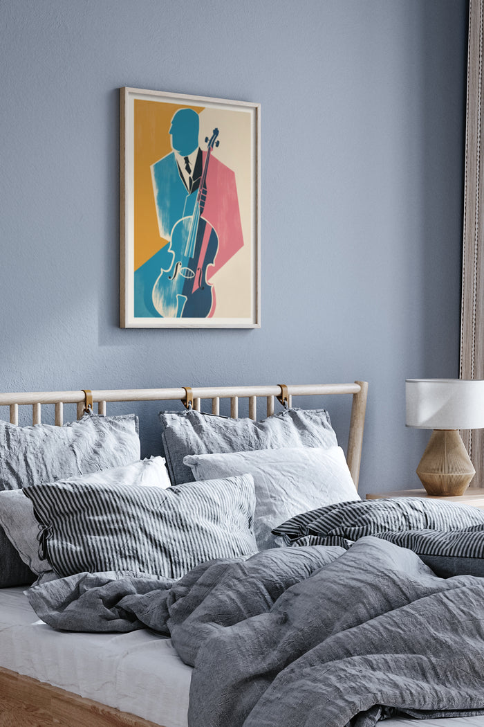 Modern Jazz Bass Player Art Poster in Stylish Bedroom Interior