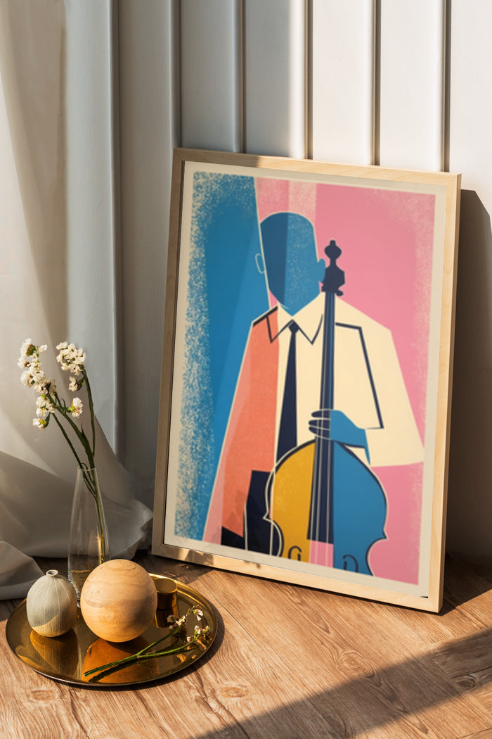 Abstract jazz music poster featuring a silhouette of a saxophone player in a colorful geometric style