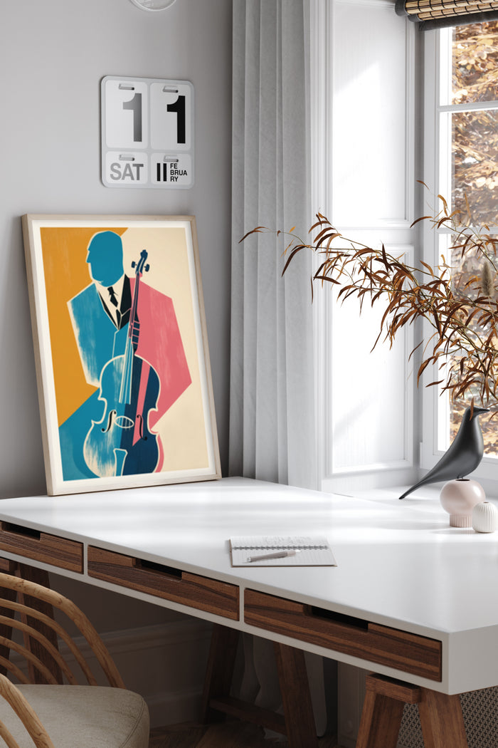 Colorful modern jazz musician poster with abstract blue silhouette playing a double bass in a stylish interior setting