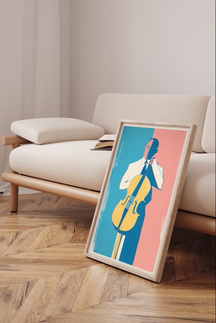 Colorful modern artwork of a jazz musician with a double bass poster in a living room setting
