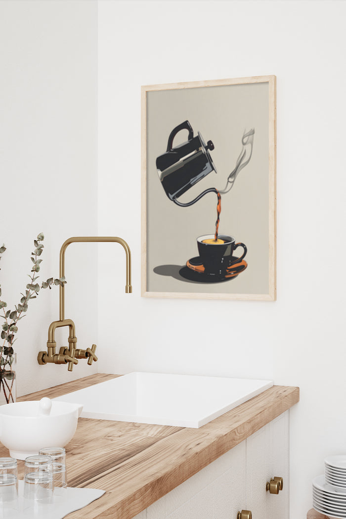 Modern artistic poster of a kettle pouring into a coffee cup in a contemporary kitchen setting