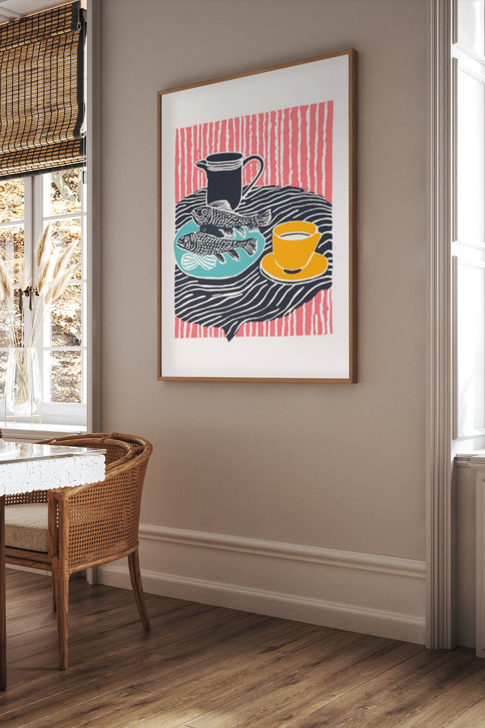Modern art poster featuring a still life with a coffee pot, fish, and cup against striped background in a stylish interior