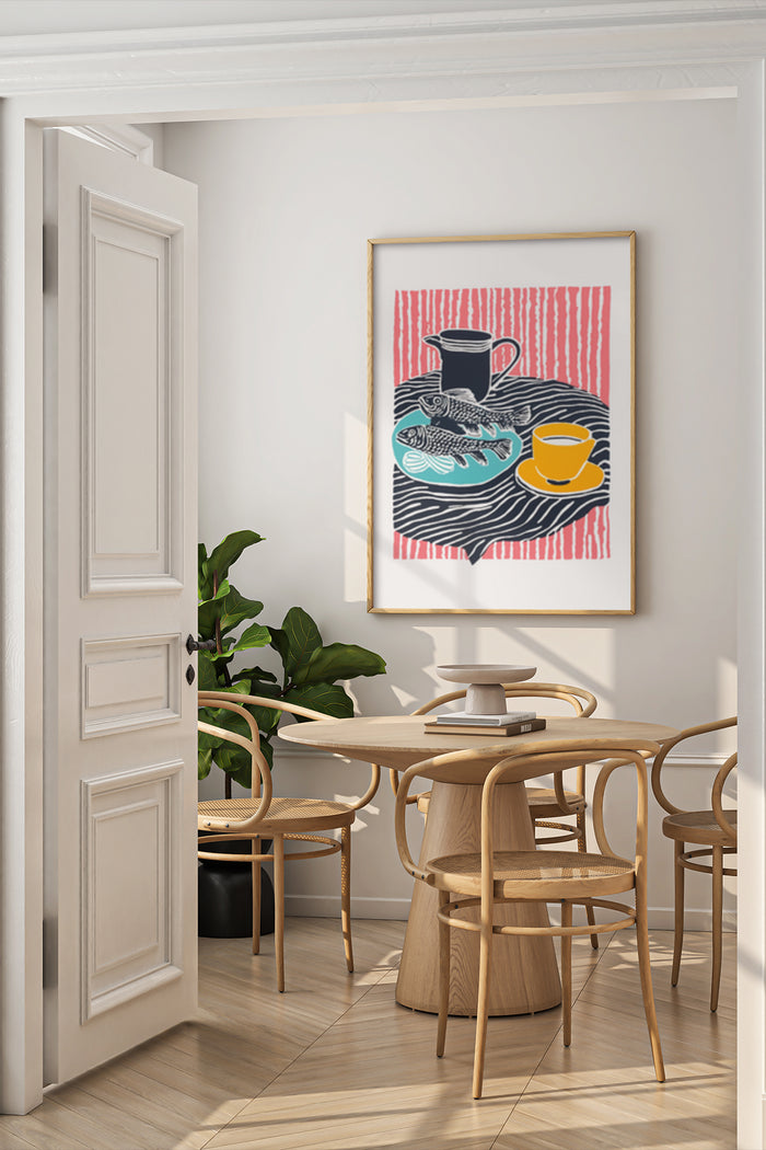 Stylish kitchen art poster featuring illustrated fish, coffee cup, and pitcher against a striped background