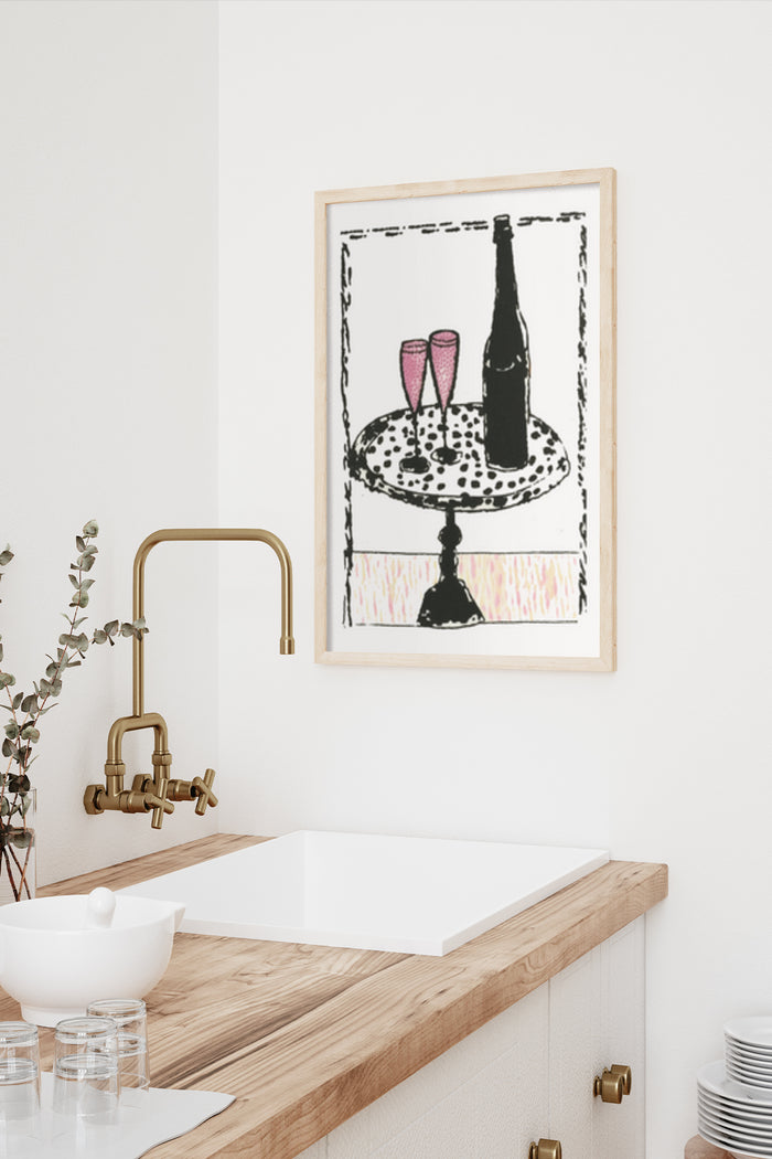 Stylish kitchen with a modern art poster depicting a wine bottle and two glasses