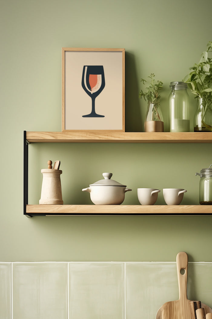 Stylish wine glass poster in modern kitchen decor on shelf with plants and pottery