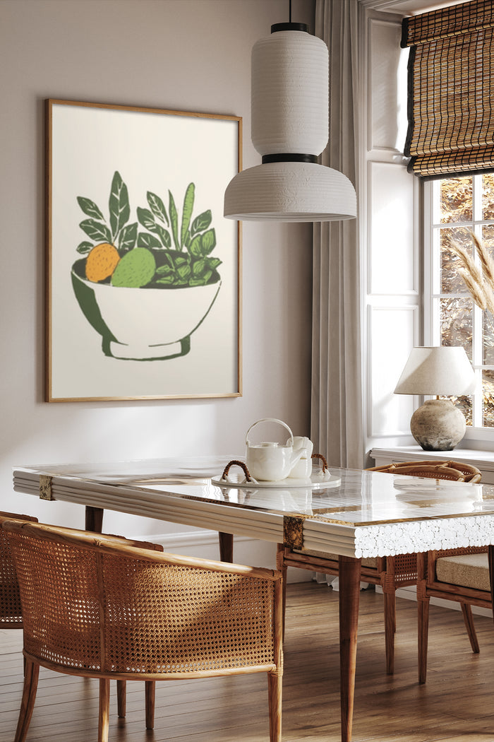 Stylish dining room interior with modern kitchen art poster featuring citrus and avocado in a bowl
