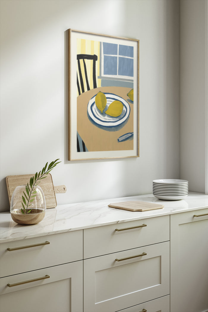 Framed poster of a modern still-life painting with lemons on a plate in a contemporary kitchen setting