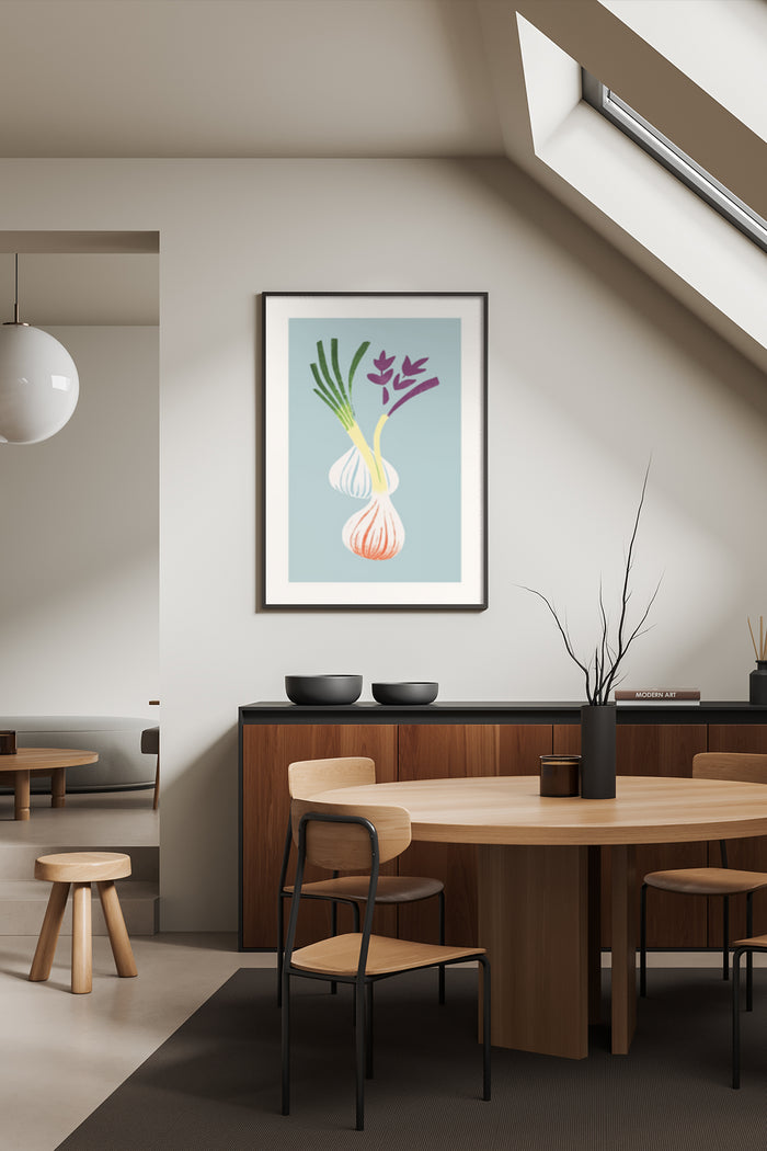 Modern kitchen with framed poster of stylized onion and garlic illustration