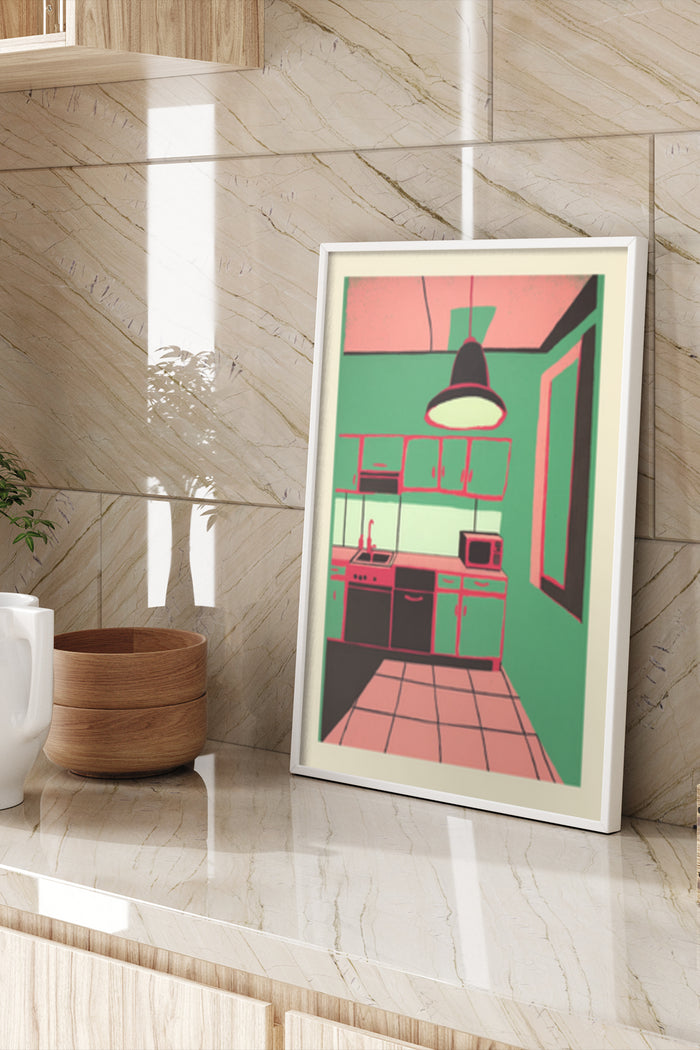 Contemporary kitchen illustration poster framed on marble wall interior decor