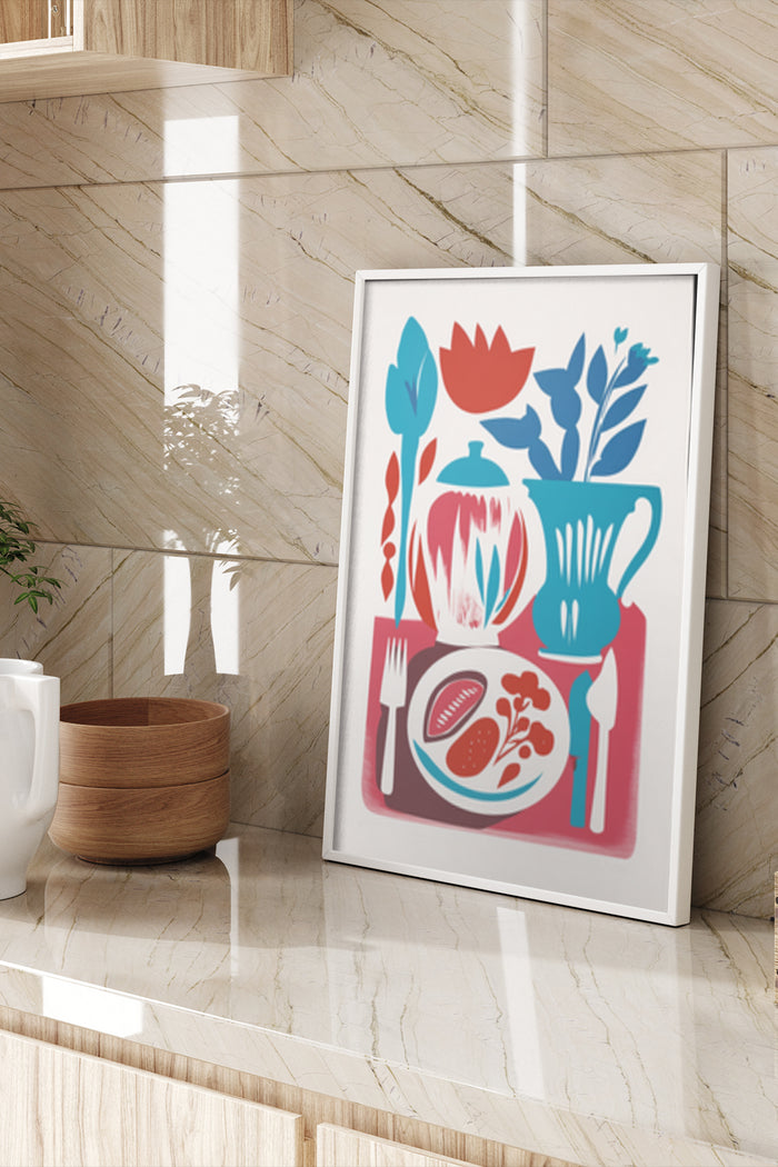 Contemporary kitchen wall art poster featuring stylized coffee pot, utensils, and plate of food in a modern interior