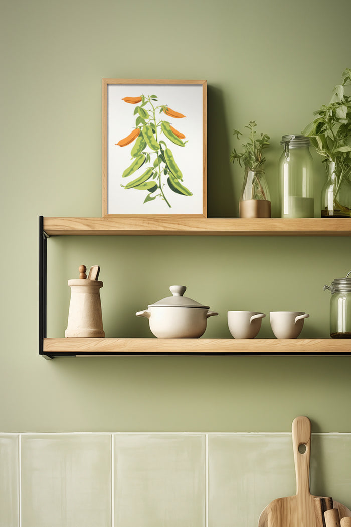 Botanical illustration of pea plant in wooden frame on kitchen shelf with ceramic dishware