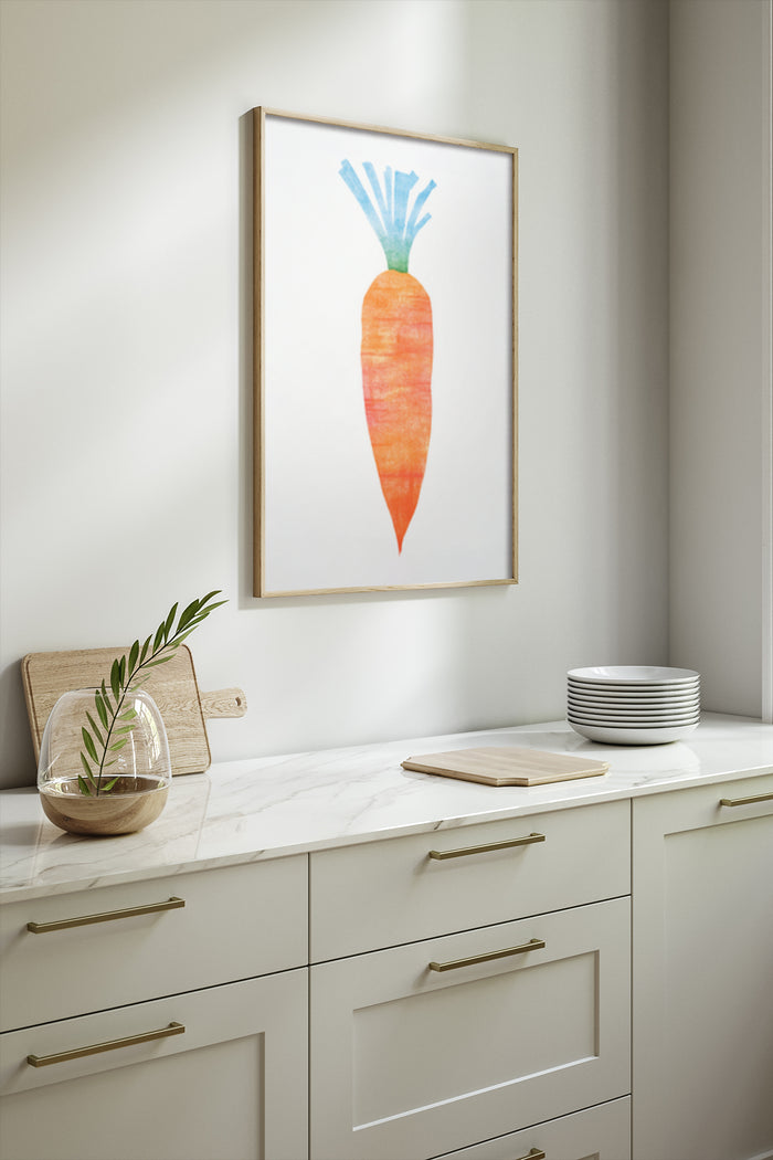 Contemporary kitchen interior with framed carrot artwork poster on wall