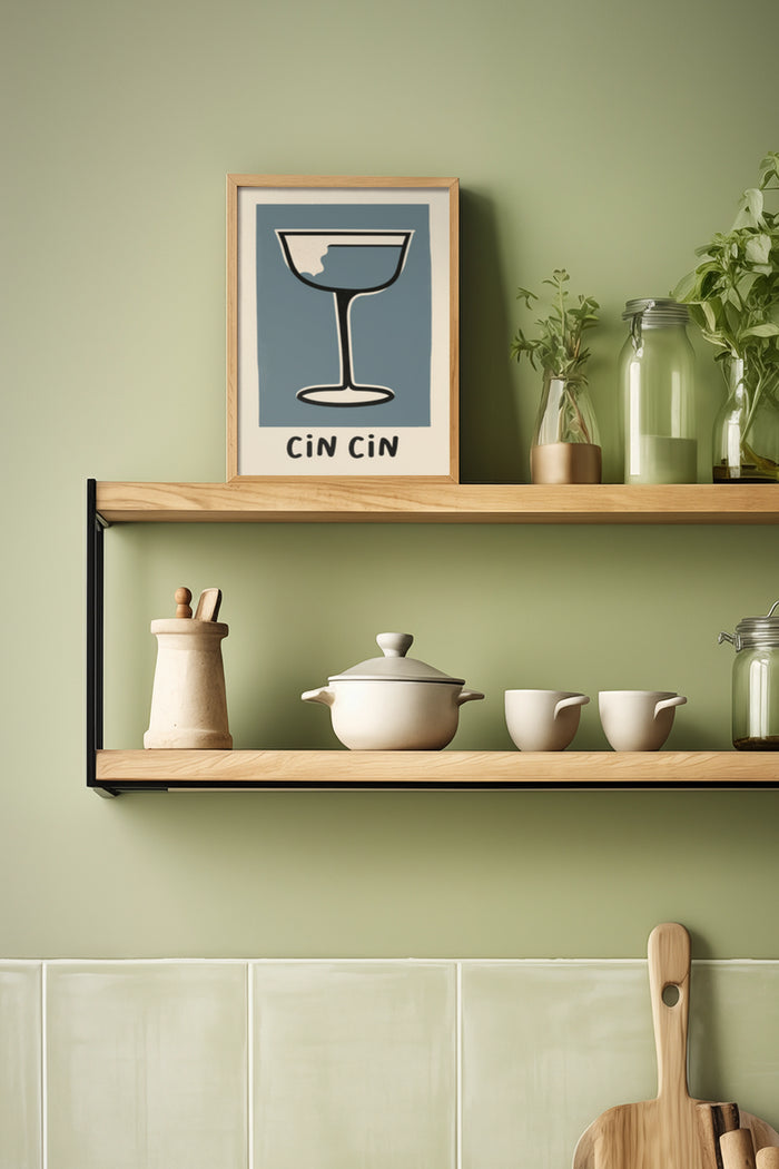 Contemporary kitchen interior with 'Cin Cin' champagne glass artwork on shelf