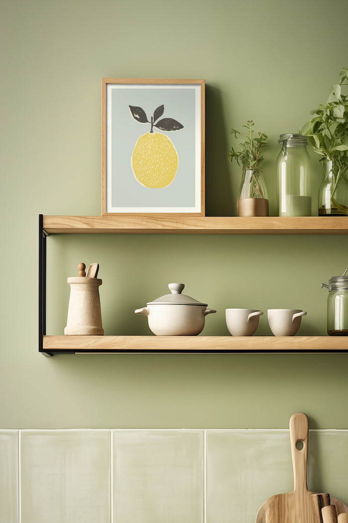 Contemporary kitchen with green wall featuring a wooden shelf displaying a framed lemon poster, ceramic pots and greenery in jars