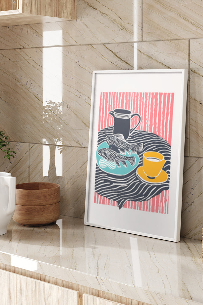 Contemporary kitchen with a framed poster featuring coffee cup, fish and pitcher on a striped background