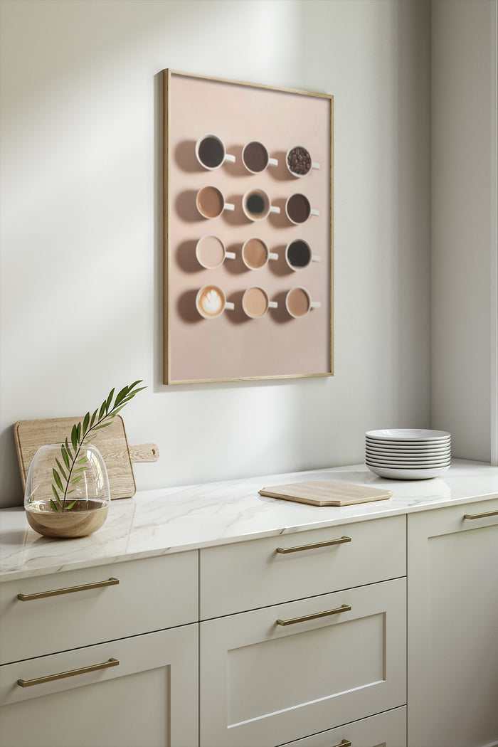 Elegant coffee variety poster framed on kitchen wall