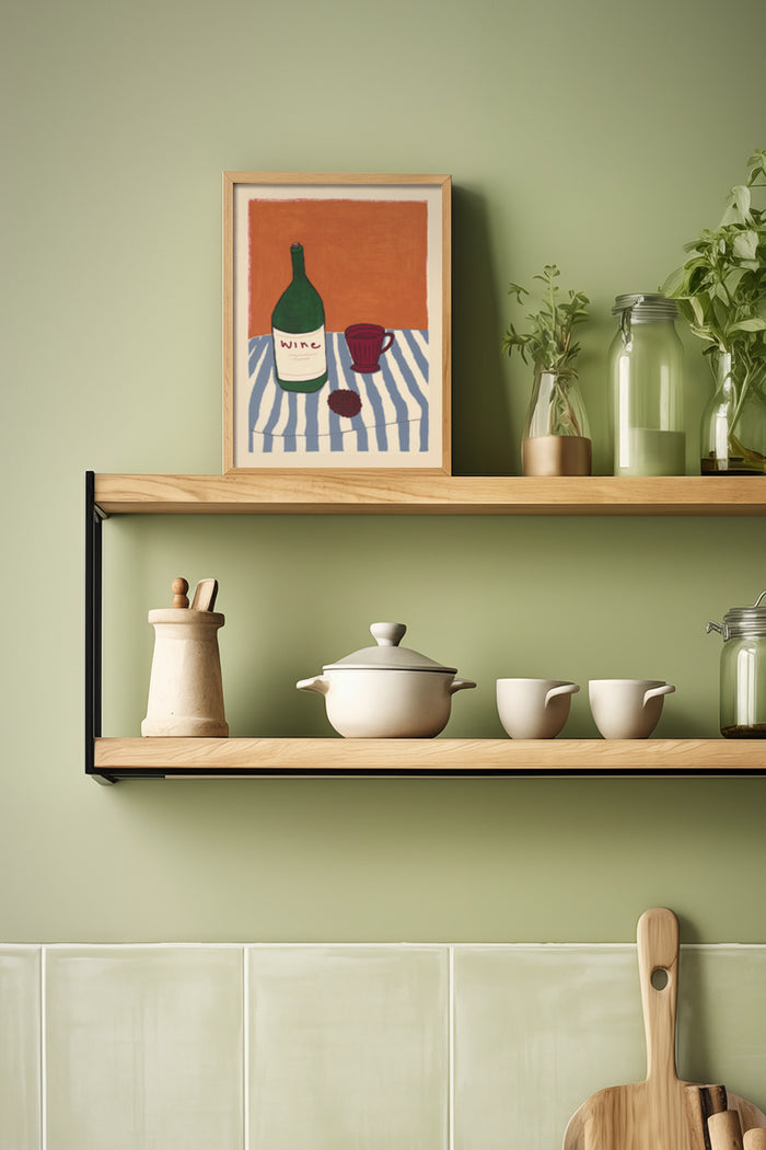 Abstract framed wine bottle poster on kitchen shelf with modern decor and greenery