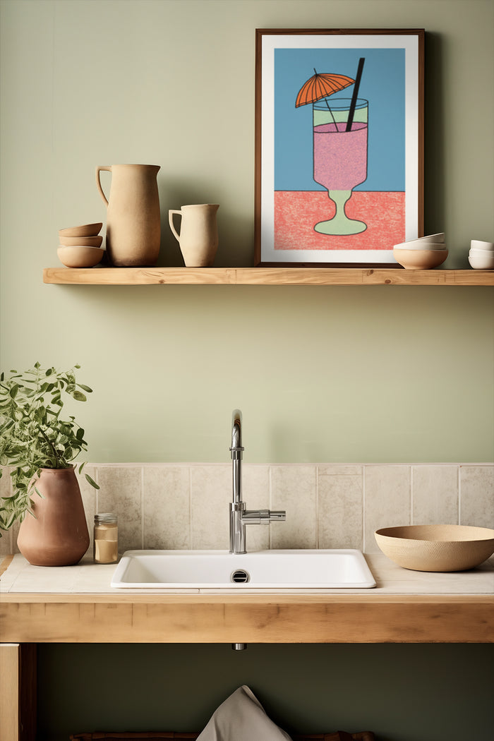 Stylish kitchen with wooden shelf displaying modern cocktail poster art