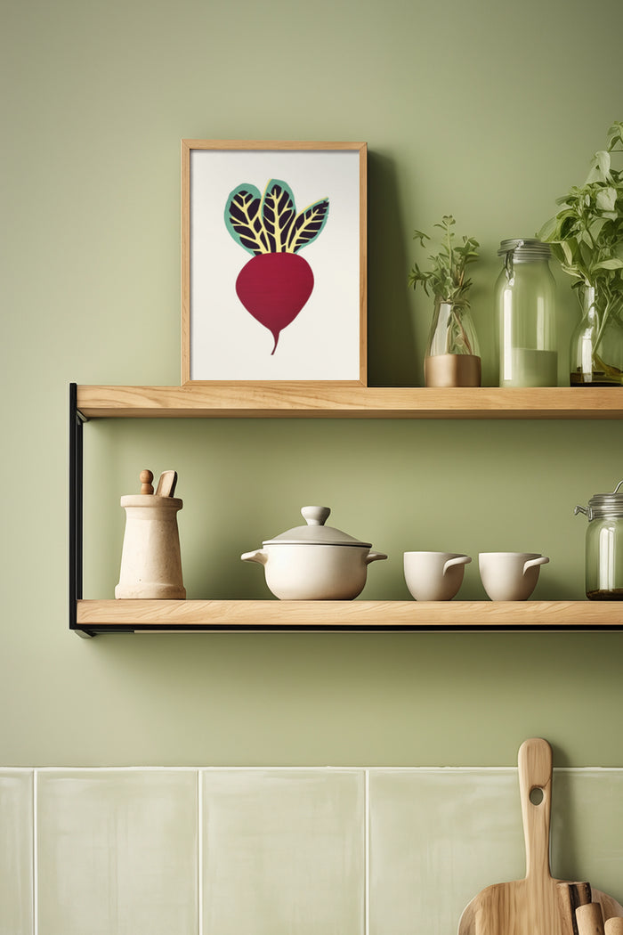 Modern kitchen interior with framed beetroot artwork on shelf