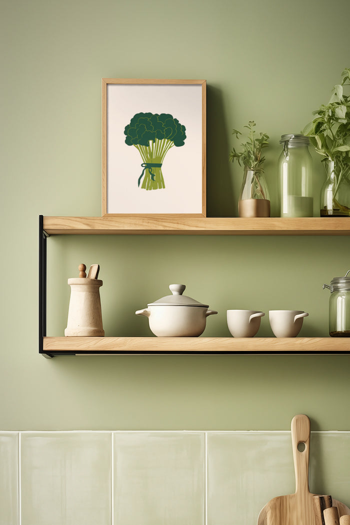 Contemporary kitchen shelf decor with framed broccoli illustration poster