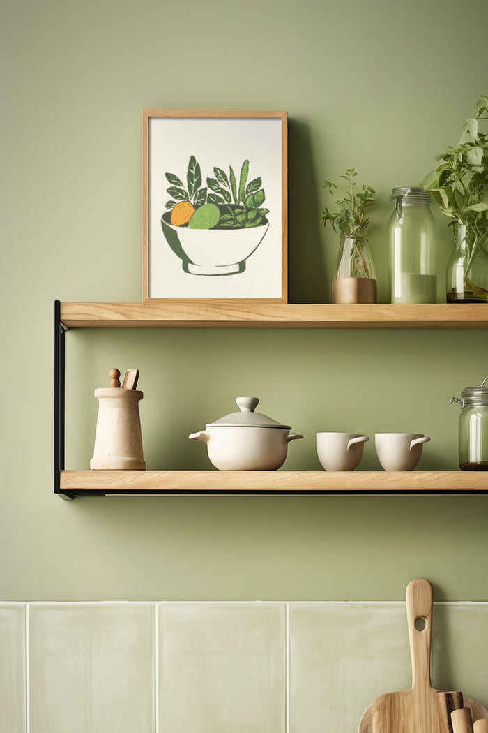 Contemporary kitchen interior design with framed bowl of herbs poster, wooden shelves, and ceramic tableware