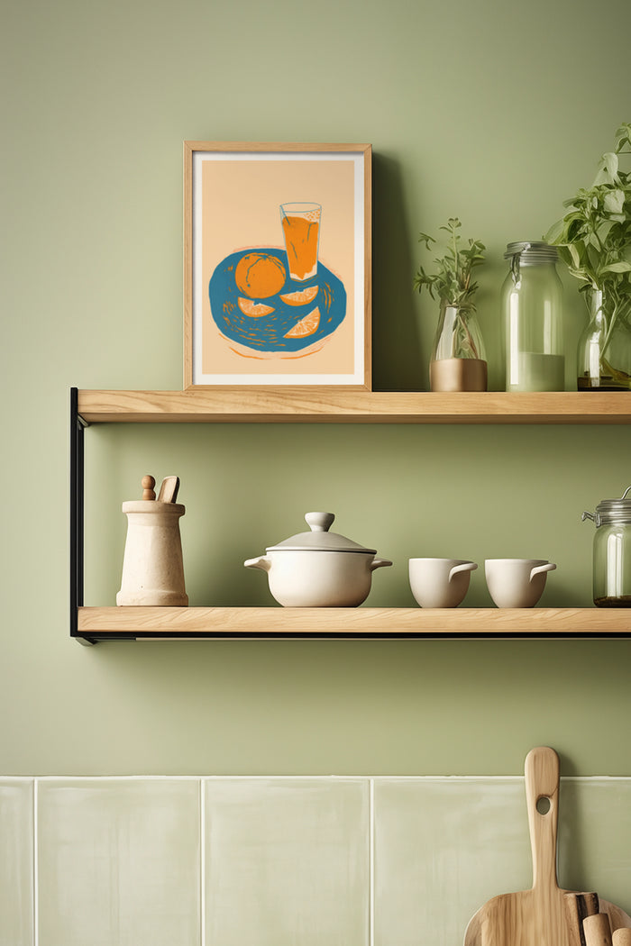 Modern kitchen interior with framed art poster featuring orange juice and sliced oranges