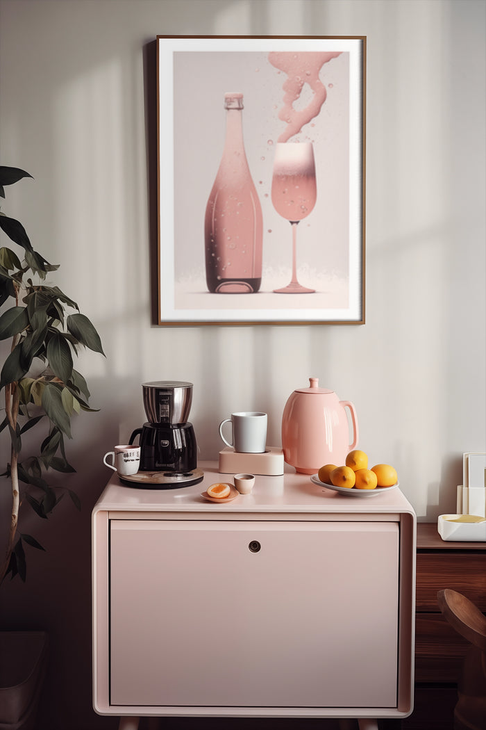Stylish rose champagne bottle and glass poster in a modern kitchen setting