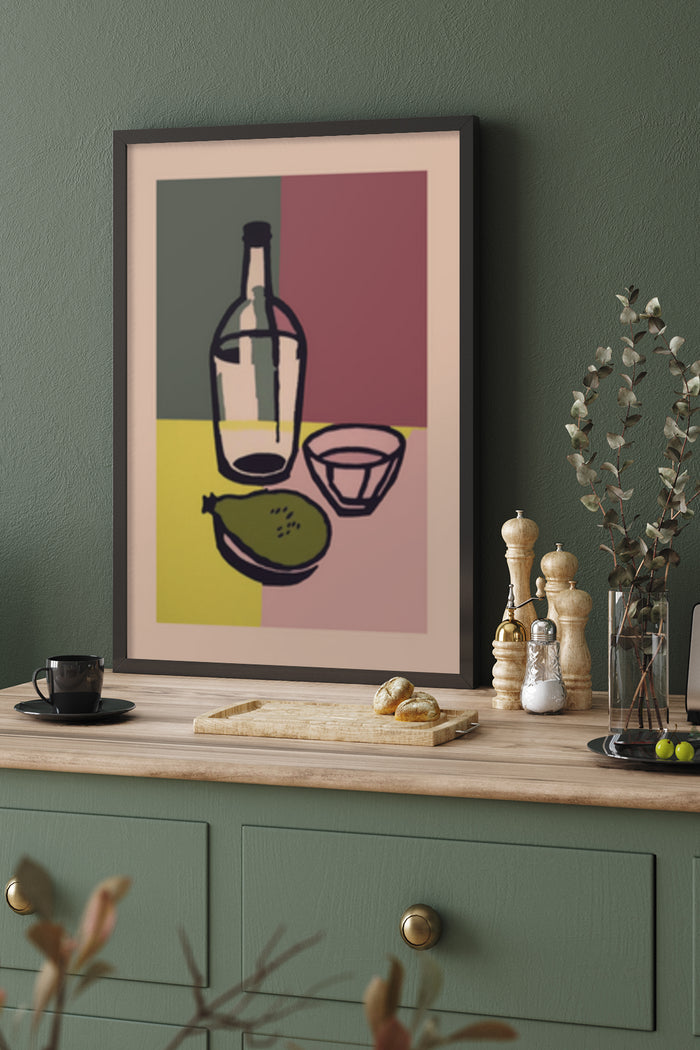 Modern kitchen decor with framed art poster featuring wine bottle, glass, and kiwi