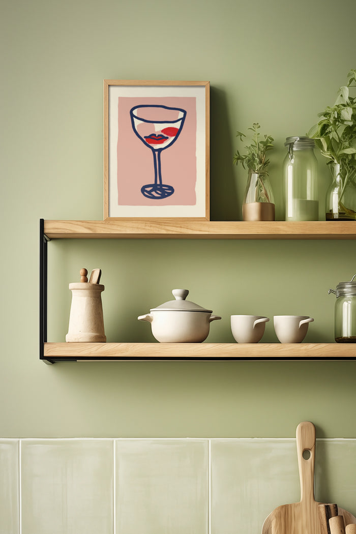 Modern kitchen interior design with a framed abstract cocktail glass poster on shelf