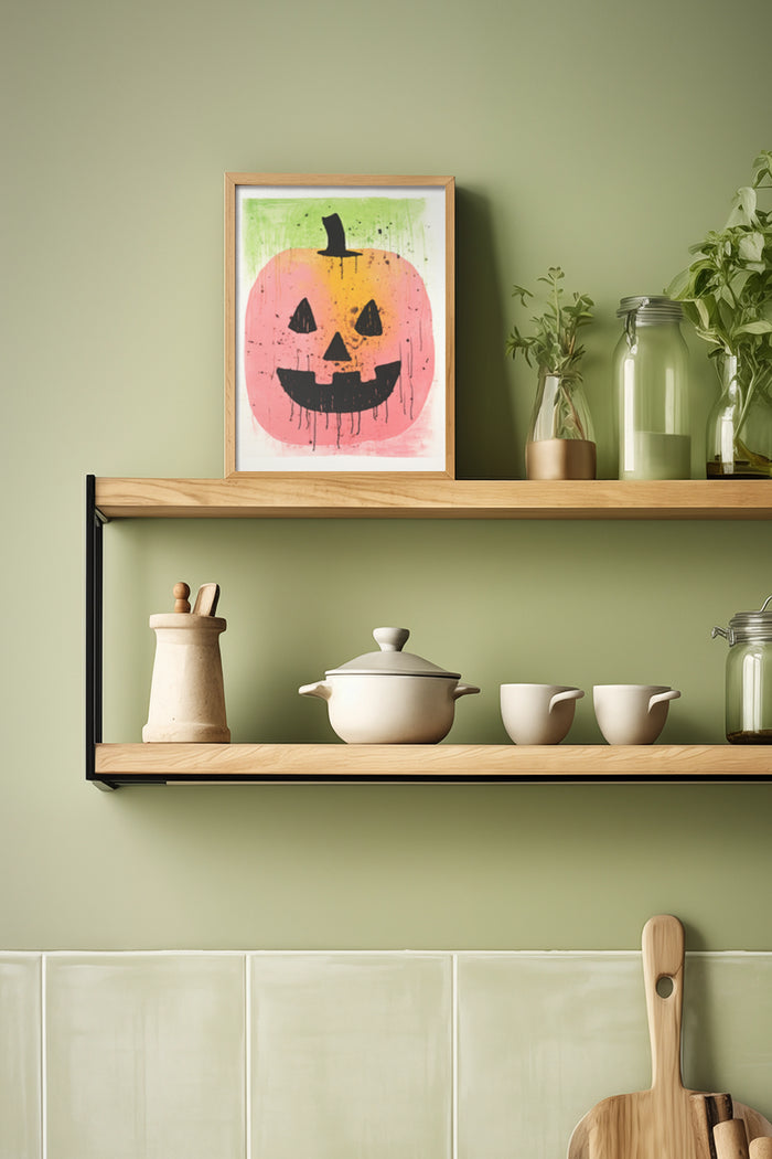 Contemporary kitchen shelf decoration featuring colorful abstract pumpkin artwork in a frame
