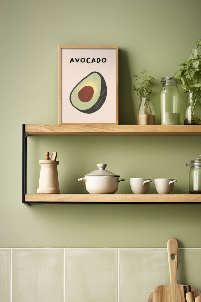 Stylish avocado poster in a modern kitchen setting with wooden shelves and ceramic kitchenware
