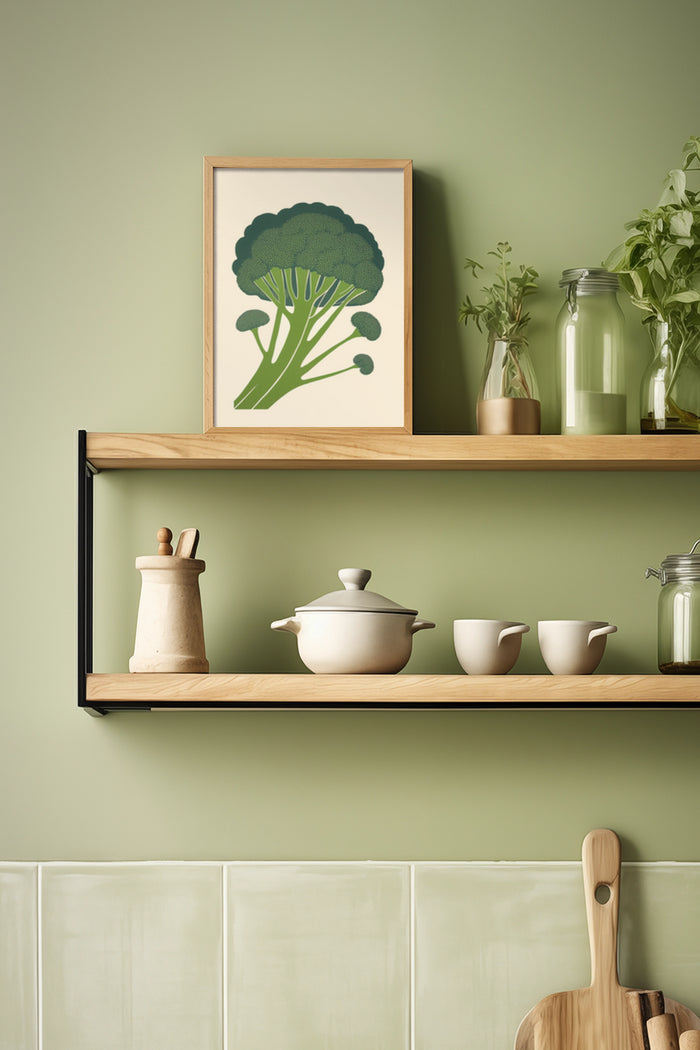 Contemporary kitchen shelf decor featuring framed broccoli illustration poster, ceramic cookware, and fresh herbs in jars