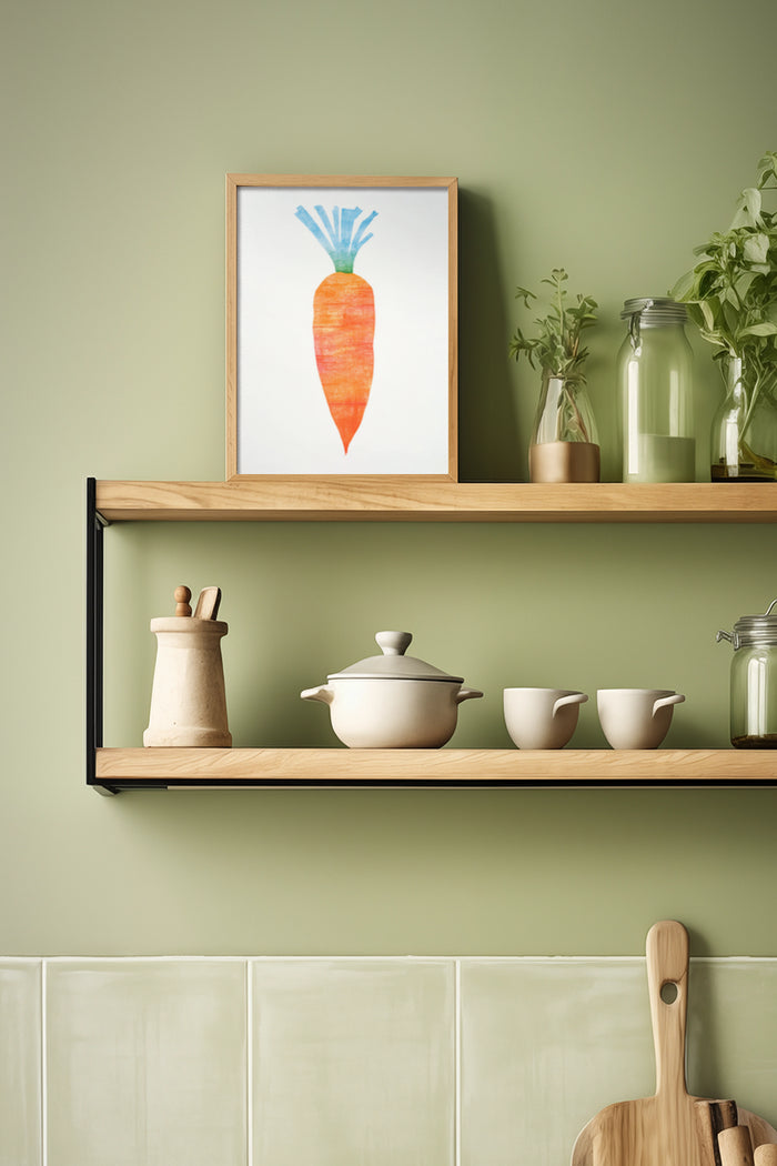 Stylish kitchen interior with framed carrot artwork on shelf among trendy utensils and green plants