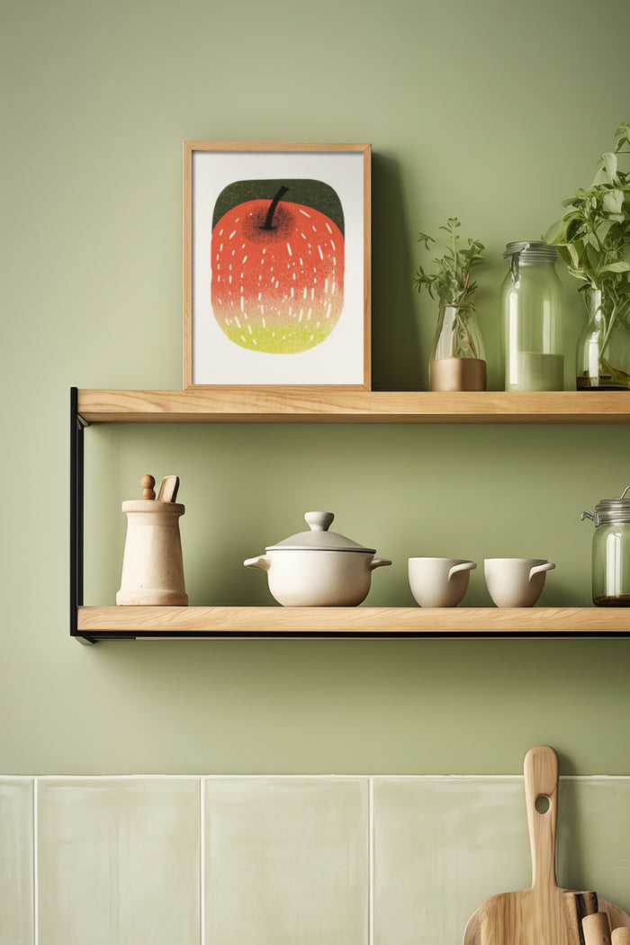 Cozy kitchen interior with framed apple poster on wall shelf amongst elegant kitchenware