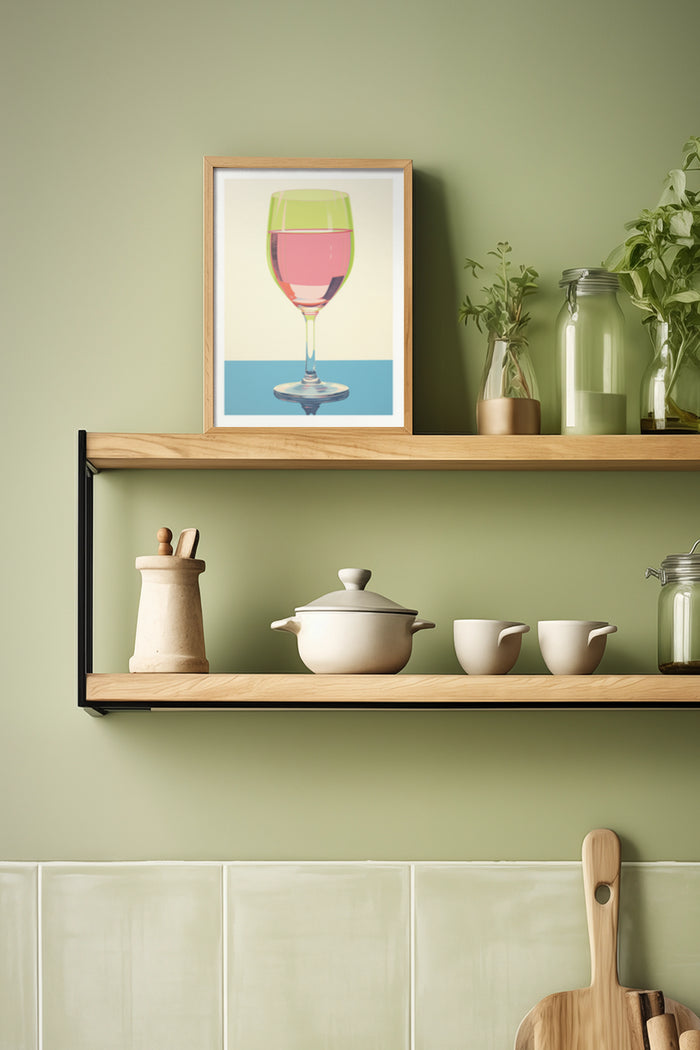 Stylish framed poster of a wine glass on a kitchen shelf with utensils and plants
