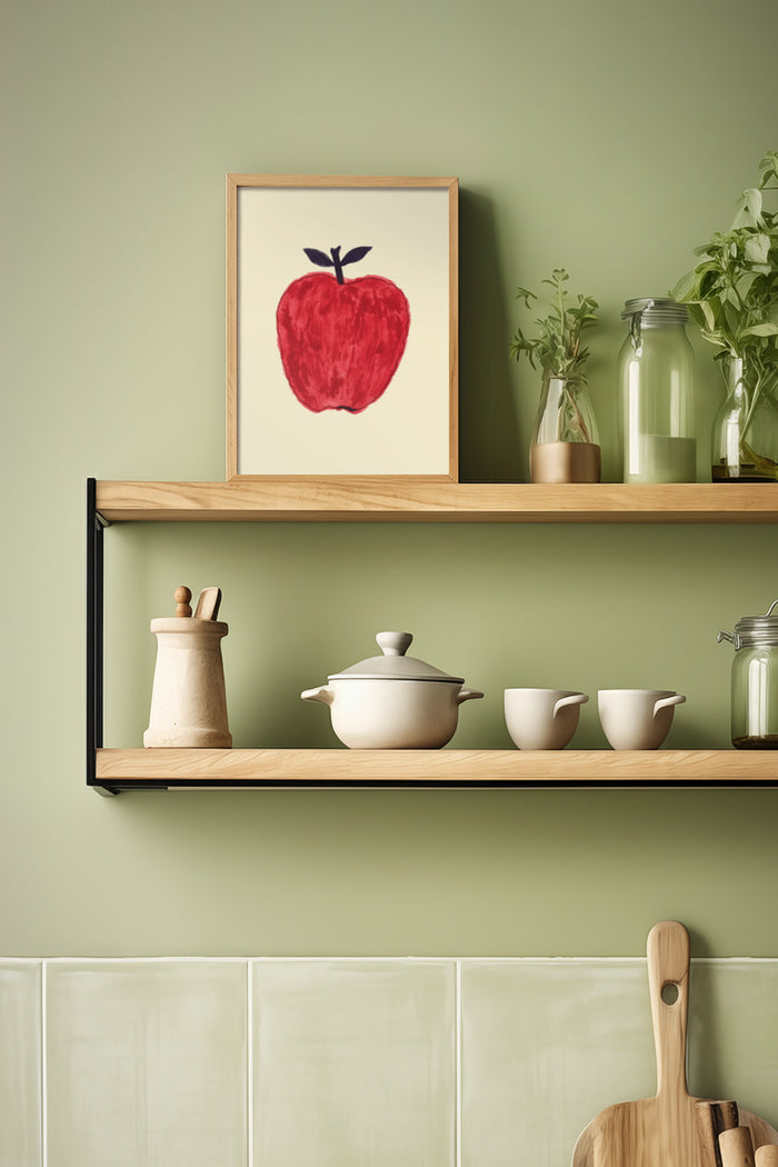 Minimalist red apple painting in a wooden frame on a kitchen shelf with plants and pottery
